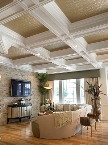 THIS coffered, painted, tin ceiling! Ceiling Texture Types, Ceiling Office, Ceiling Basement, Ceiling Diy, False Ceiling Bedroom, Office Light, False Ceiling Living Room, Indian Living Rooms, Ceiling Texture