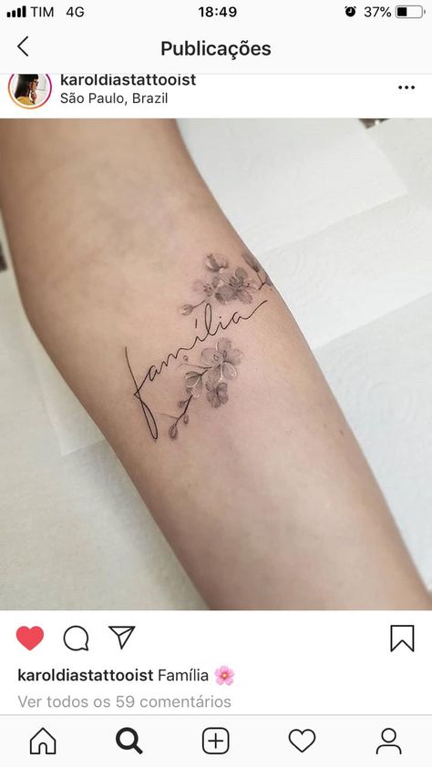 Name Tattoo With Flowers Around, Signature Tattoo With Flower, Floral Word Tattoo, Small Flower Name Tattoo, Flowers And Writing Tattoo, Flower Tattoo With Writing, Floral Tattoo With Names, Flower Tattoo Name In Stem, Name Written In Flowers Tattoo