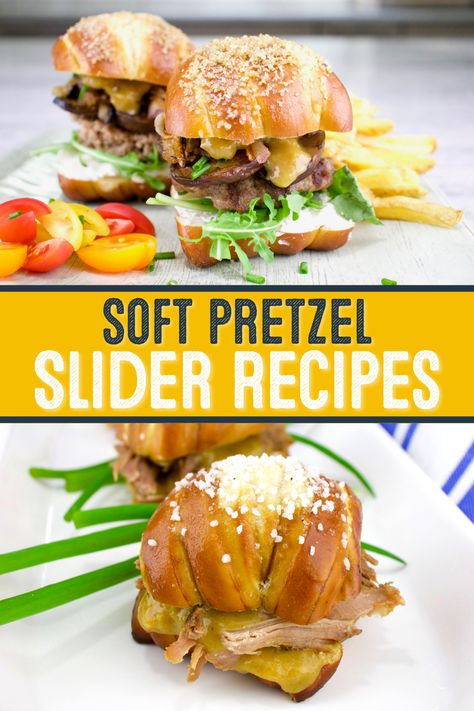 Make your favorite slider recipes even more delicious with the addition of our SlidePiece Soft Pretzel Slider Buns! Check out our soft pretzel slider recipes through the link! #Pretzel #SoftPretzel #PretzelBite #SliderRecipe #BestLunch #Lunch #LunchIdea #Burger #QuickSnack #PulledPork #EasyLunch #Lunchtime Pretzel Bun Sliders Burger Recipes, Pretzel Slider Buns, Recipes With Pretzel Buns, Sliders On Pretzel Buns, Pretzel Slider Bun Recipes, Pretzel Bun Sliders Recipes, Pretzel Roll Sliders, Pretzel Sliders Recipes, Pretzel Bun Sandwich Ideas