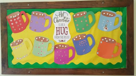 Hot chocolate mugs. Great winter craft makes for a great winter bulletin board. Hot Cocoa Bulletin Board Ideas, Hot Coco Bulletin Board Ideas, Hot Cocoa Bulletin Board Ideas For Kids, Hot Chocolate Bulletin Board Ideas, January Bulletin Board Ideas Preschool, Hot Chocolate Bulletin Board, Bullition Board, Hot Cocoa Bulletin Board, Winter Bulletin Boards For Elementary