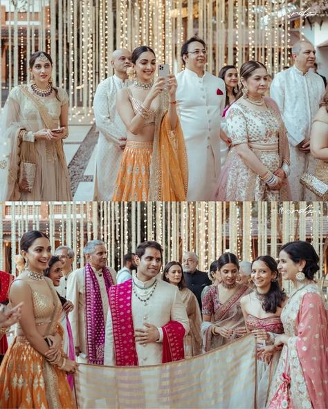 All The Details From Kiara Advani’s Sister Ishita’s Wedding - ShaadiWish Kiara Advani Lehenga, Ivory Outfit, Bridesmaid Photoshoot, Cocktail Party Outfit, Squad Pictures, Sabyasachi Bride, Bridal Squad, Lehenga Design, Dresses Western