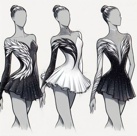 Black And White Figure Skating Dress, Figure Skating Dress Patterns, Figure Skating Competition Dresses, Figure Skating Outfits, Ice Skating Outfit, Nature Collage, Fashion Design Books, White Figures, Figure Skating Costumes