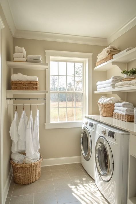 modern laundry room shelving Laundry Room No Upper Cabinets, Hanging In Laundry Room, Open Shelving Laundry Room Storage Ideas, Small Long Laundry Room Ideas, Mudroom Laundry Room Farmhouse, Small Laundry Room With Shelves, Laundry Room And Linen Closet Combo, Laundry Open Shelves, Laundry Room Design Vintage