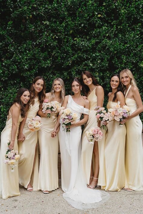 Shona Joy Bridesmaids | Olivia's Bridesmaids in La Lune -  #Bridesmaids #Joy #Lune #Olivias #Shona Pale Yellow Wedding Theme, Yellow Bridal Party, Pale Yellow Wedding, Pale Yellow Weddings, Forest Wedding Ceremony, Pastel Garden, Yellow Wedding Theme, Lilac Bridesmaid Dresses, Lame Dress