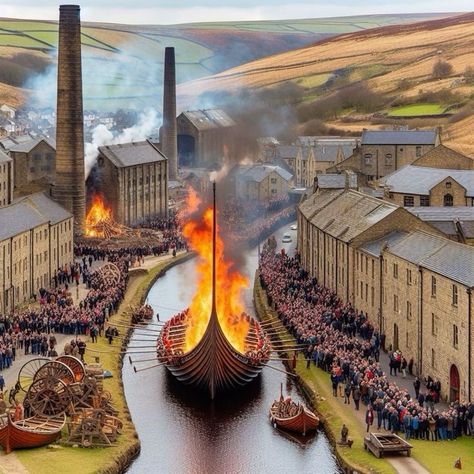 In the West Yorkshire town of Ramsden, high in the Pennine hills of the UK, there is a sizable community of Shetland Islanders who hold an annual 'Ey Up Helly Aa' festival where they launch and burn a Viking Longship in the local canal.  
#ramsden #pennine #westyorkshire #ukfriends #yorkshire #england #festival #uphellyaa #Viking #history #vikinghistory #historyvikings #vikingstyle #vikingsofinstagram #vikinglifestyle #vikinglife #vikinginspired #thevikingway Viking Festival, Yorkshire Towns, Up Helly Aa, Viking Longship, Travel Scotland, Viking Life, Irish Culture, The Vikings, Viking History