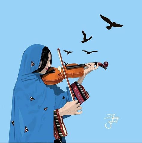 Pakistani Art, Playing The Violin, Funny Art Prints, Afghan Girl, The Violin, Illustration Art Girl, Girly Art Illustrations, Girls Cartoon Art, Painting Art Projects