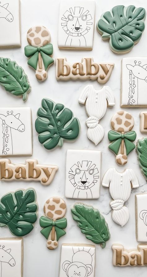 Safari Shower Ideas, Jungle Cookies, Safari Baby Shower Cake, Zoo Baby Shower, Wild Baby Shower, Giraffe Cookies, Safari Baby Shower Boy, Lion Baby Shower, Safari Cookies