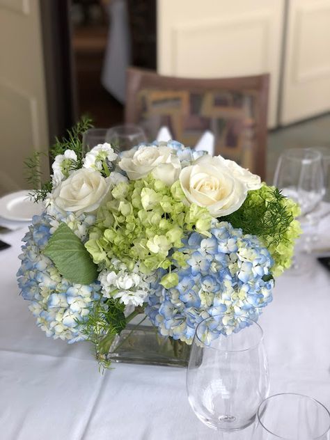 Blue Hydrangea Centerpieces, Hydrangea Flower Arrangements, Green Bridal Showers, Blue Centerpieces, Studio Shed, Something Blue Bridal, Hydrangea Arrangements, White Baby Showers, Blue Bridal Shower