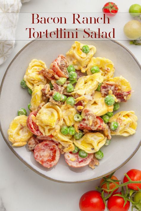 Bacon Ranch Pasta Salad is not only perfect for your next bring-a-dish gathering, it's also one of the best weeknight solutions when a simple, but delicious side dish is necessary. This creamy pasta salad is a summer favorite, but is happily enjoyed year-round with any meal. via @cmpollak1 Bacon Ranch Tortellini, Chicken Pesto Pasta Salad, Creamy Pasta Salad, Bacon Ranch Pasta, Antipasto Pasta Salads, Bacon Ranch Pasta Salad, Creamy Pasta Salads, Pasta Salad With Tortellini, Ranch Pasta Salad