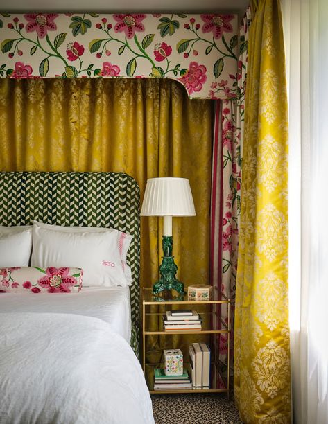 bedroom Yellow Green Room, Curtains Behind Bed, Osborne And Little Wallpaper, Renovation Budget, Texas House, Green Room, Madison Park, My Place, Green Rooms