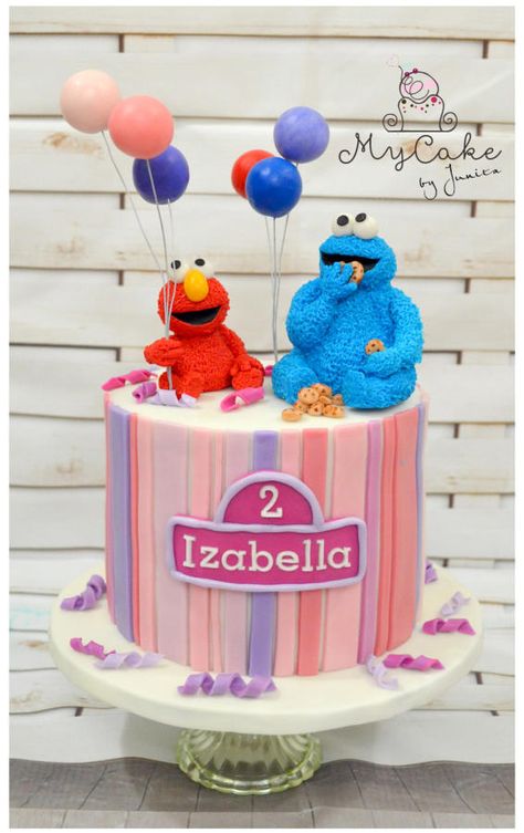 Elmo and Cookie monster with pink girly style - cake by Hopechan Elmo Cake Girly, Sesame Street Birthday Cakes, Elmo Birthday Cake, Cookie Monster Birthday Party, Cookie Monster Cake, Elmo Cake, Elmo And Cookie Monster, Cookie Monster Party, Cookie Monster Birthday