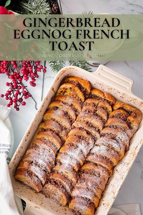 Gingerbread Eggnog French Toast is the perfect holiday breakfast solution for a crowd! There’s hints of molasses, ginger and nutmeg in a rich eggnog custard. It can be assembled in about 10 to 15 minutes the night before. Add the cookie crumb topping in the morning. Then sit back and enjoy opening gifts while the French toast is in the oven! Eggnog Breakfast, Recipes Using Eggnog, Gingerbread French Toast, Eggnog Custard, Eggnog French Toast Casserole, Gingerbread Eggnog, Easy Eggnog, French Bread French Toast, Eggnog French Toast