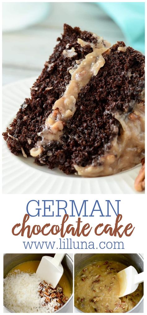 Easy German Chocolate Cake, German Chocolate Cake Frosting, Homemade German Chocolate Cake, German Chocolate Cake Recipe, Office Food, Pecan Frosting, Craving Chocolate, Coconut Pecan Frosting, Chocolate Bundt