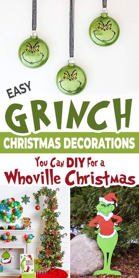 Diy Grinch Themed Christmas Decoration, Grinch Theme House Decorations, Whoville Presents Diy, How To Make A Christmas Ornament, Grinch Paper Chain, Christmas Billboard Ideas, Grinch Themed Yard Decorations, Whoville Decorating Ideas, Grinch Office Decorating Ideas Diy