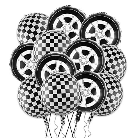 12 Pieces Black and White Checkered Balloons, Race Car Balloons Car Wheel Balloons Tire Balloons Aluminum Foil Checkered Flag Balloons for Racing Theme Birthday Party Decoration Supplies 18 Inch Tire Themed Birthday Party, Nascar Balloon Arch, Black And White Checkered Birthday Party, Checkered Balloons, Racing Theme Backdrop, Race Car Party Decorations, Black And White Balloons, Balloon Cars, Racing Theme