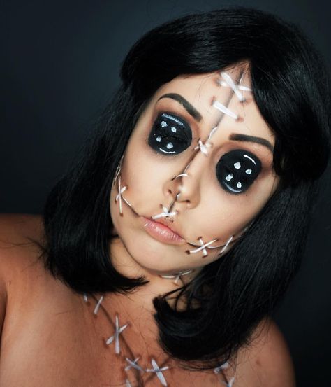 VooDoo Doll Halloween costume VooDoo Doll Makeup Voodoo Doll Halloween Costume, Makeup Looks Scary, Halloween Makeup Looks Scary, Halloween Makeup Videos, Voodoo Doll Makeup, Halloween Costumes Coraline, Creepy Doll Makeup, Voodoo Doll Costume, Voodoo Halloween