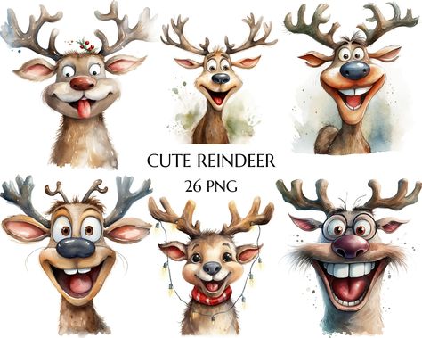 Christmas Reindeer Art, Christmas Watercolor Art, Reindeer Watercolor, Reindeer Drawing, Reindeer Clipart, Funny Reindeer, Deer Clipart, Christmas Rudolph, Cookie Pictures