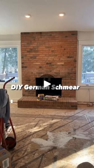 Facebook Remodeled Brick Fireplace, Brick Fake Fireplace, Painting Brick Fireplace Color Ideas, Brick Fireplace With Wood Mantle, Painting Fireplace Brick, Red Brick Fireplace Makeover, German Schmear Fireplace, Grout Sponge, German Schmear