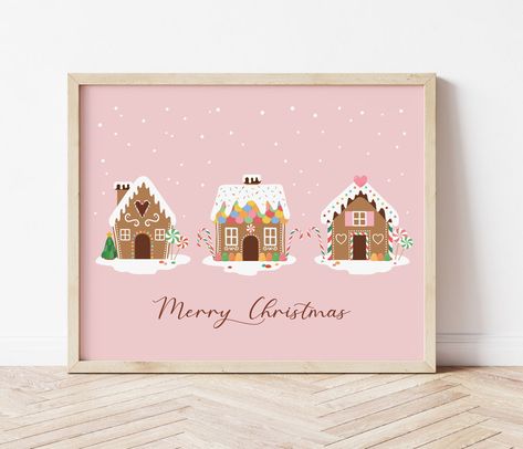 Gingerbread Christmas Wall Art, Gingerbread House Illustration, Gingerbread House Art, Pink Christmas Bedroom, Christmas Decor Pink, Christmas Art Prints, Christmas Digital Art, Frame Tv Art Christmas, Pink Christmas Decorations