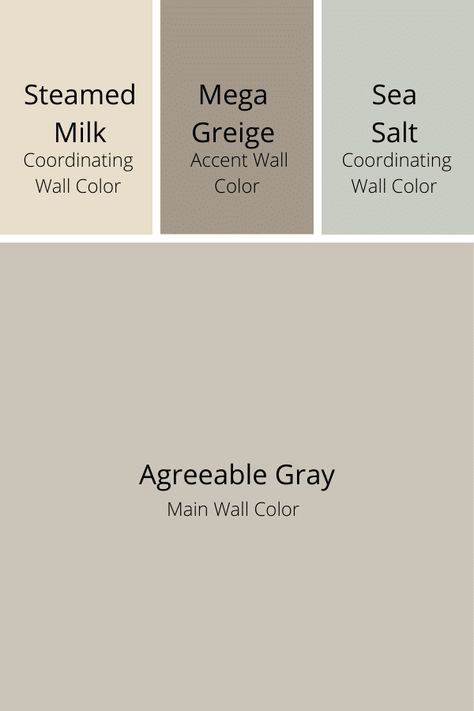 Tan Gray Wall Color, Whole House Color Palette With Agreeable Gray, Grey Scheme Bedroom, Paint Colors To Go With Agreeable Gray, Green And Agreeable Gray, Agreeable Gray Paint Scheme, Agreeable Grey Color Palette, Colors That Compliment Agreeable Gray, Mixing Beige And Grey Decor