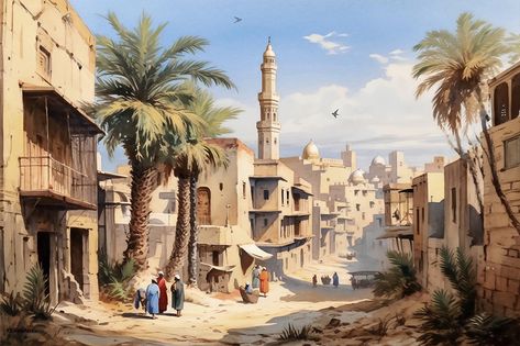 Egyptian Village Art, Egypt Landscape, Egyptian City Art, Egyptian Village, Egypt Concept Art Environment, Egyptian Environment Concept Art, Desert Scape, Arabic Culture, Fruit Art Drawings