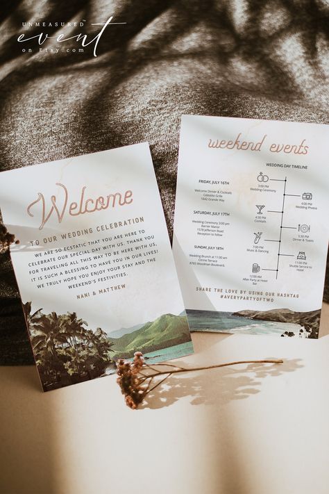 "ENJOY 60% OFF WHEN YOU ORDER 3 OR MORE ITEMS. Discount applied automatically at checkout. This DIY PRINTABLE welcome note and itinerary template features watercolor beaches and palm trees paired with a vintage poster styled faded font. 70 copy and paste icons are included. Use this template to edit all wording, font, font color, and the background color to match your event style. These templates can be accessed through TEMPLETT.COM; an online editor that allows you to personalize your templates Wedding Schedule Of Events, Wedding Welcome Letter, Schedule Of Events, Welcome Letter, Welcome Note, Wedding Schedule, Welcome Letters, Itinerary Template, Beach Diy