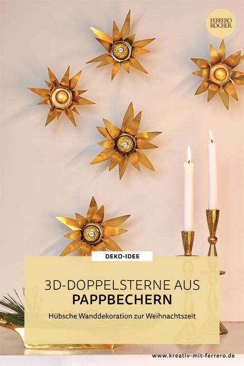 Goldene Sterne gekrönt mit Ferrero Rocher als weihnachtliche Wanddekoration verleihen Ihrem Zuhause in der Adventszeit ein besonderes Flair. #diy #adventsdeko #weihnachtsdeko #ferrerorocher #kreativmitferrero Ferrero Rocher, Advent, Iphone