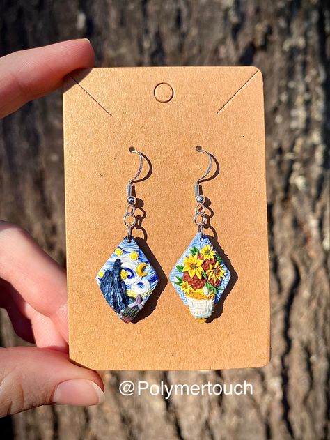 Handmade Van Gogh earrings Van Gogh Polymer Clay, Painting Polymer Clay Earrings, Van Gogh Earrings, Earrings Handmade Clay, Hand Embroidered Jewelry, Van Gogh Painting, Craft Clay, Diy Earrings Polymer Clay, Mushroom Jewelry