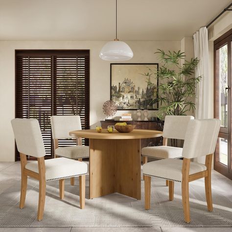 PRICES MAY VARY. [Modern Dining Table Set] This charming 5-piece dining set includes a round table and four comfy chairs. The dia 46.5inch table, featuring sturdy pine wood legs and a smooth tabletop made of MDF with an acacia wood veneer, can hold up to 550lbs. Each chair is made from durable rubberwood and is designed with plush cushions on the seat and backrest. Holding up to250lbs each, this set combines practicality with homey comfort, making it a lovely addition to any dining room. [Minima Pedestal Kitchen Table, Round Dining Table Set, Natural Chair, Kitchen Table Set, Modern Dining Table Set, Round Dining Table Sets, Kitchen Table Settings, Beige Colour, Dining Table Set