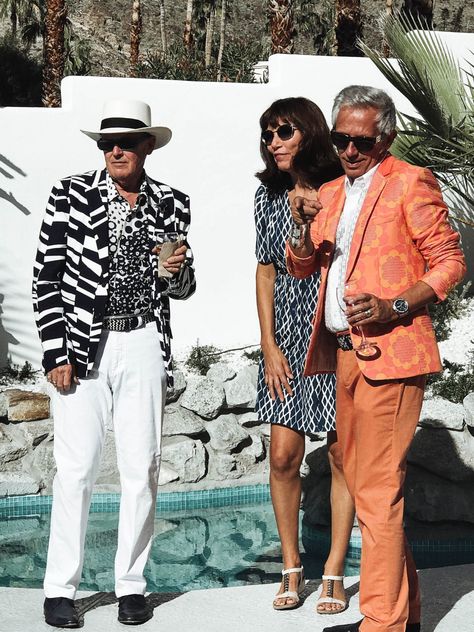 60s Pool Party Fashion, Palm Springs Outfit Men, Palm Springs Attire, Funky Formal Wedding Guest, 70s Palm Springs, Palm Springs Outfit Ideas, Funky Formal, Bar Backs, Palm Springs Fashion