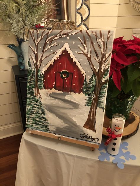 Easy Paintings For Christmas, Art Winter Painting, January Painting Ideas Canvases, Painting Inspo Christmas, Christmas Art On Canvas, Winter Sip And Paint Ideas, Christmas Paintings On Canvas Ideas, Western Christmas Painting, Black Canvas Christmas Painting