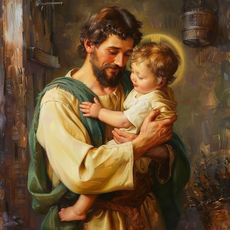 Joseph Jesus Father, Saint Joseph Art, Jesus Father, St Joseph Catholic, Sacred Heart Art, Church Aesthetic, Jesus Mary And Joseph, Christmas Artwork, Jesus Christ Artwork