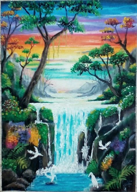 Oil Pastel Waterfall, Waterfall Painting, Waterfall Paintings, Abstract Art Diy, Oil Pastel Paintings, Pastel Paintings, Oil Pastel Art, Art Calligraphy, Nature Painting