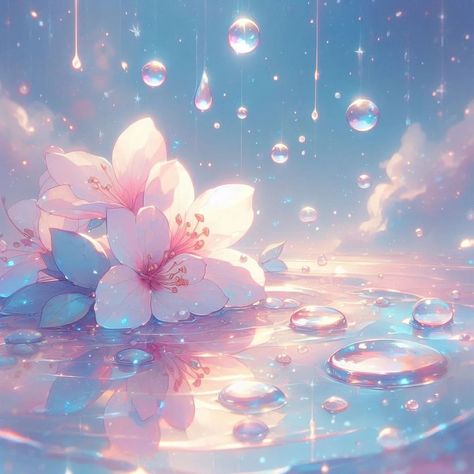 “Beauty is a light in the heart.” 🌸✨ . . -Image details: 1. The image is an artistic rendering of a serene and magical setting: - Flowers: Large, delicate flowers grace the scene. Their petals are a pale pink, intricately detailed, and seem to glow softly. - Water Droplets: Numerous glistening water droplets hang in the air or rest gently on the water's surface. Each droplet reflects light, creating an ethereal ambiance. - Background: Soft clouds and a gentle sky form the backdrop, cont... Soft And Sweet Aesthetic, Pink And Blue Flowers Aesthetic, Pretty Wallpaper Desktop, Light Blue And Pink Aesthetic, Flowers Drawing Wallpaper, Lunar Aesthetic, Glistening Water, Calligraphy Flowers, Soft Clouds