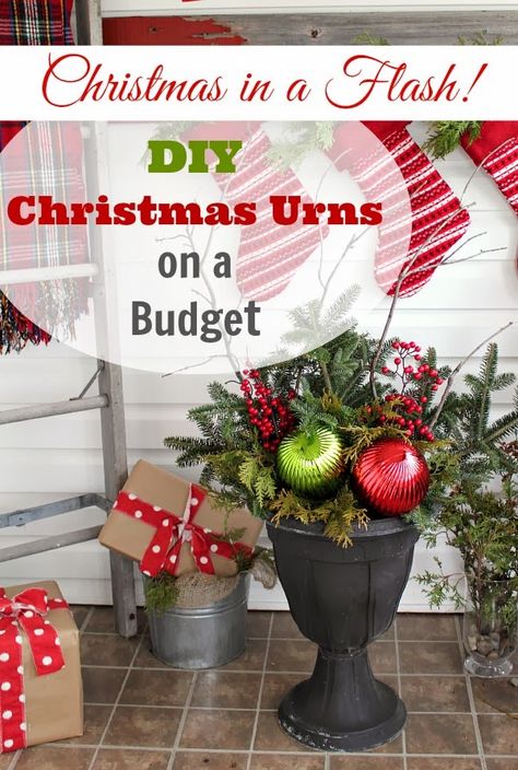 How to make beautiful, professional looking Christmas urns for the front of your house for cheap cheap cheap! Diy Christmas Urns, Aka Christmas, Christmas Outdoors, Christmas Planter, Outdoor Christmas Planters, Christmas Urns, Christmas Corner, Christmas Greens, Exterior Christmas