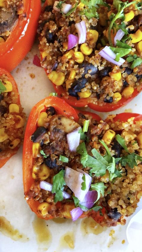 Spanish Style Vegetarian Stuffed Peppers - Fufu's Kitchen Black Beans And Corn, Vegan Stuffed Peppers, Stuffed Peppers With Rice, Vegetarian Stuffed Peppers, Vegetarian Stir Fry, Quinoa Stuffed Peppers, Beans And Corn, Mexican Quinoa, Dinner Choices