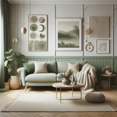 Sage Green Living Room Sage Furniture Living Room, Pistachio Green Living Room, Mint Green Couch Living Room Ideas, Sage Green Half Wall, Lounge Decor Sage Green, Pastel Green Living Room Walls, Light Green Sofa Living Room Ideas, Pink And Green Living Room Decor, Apartment Living Room Sage Green