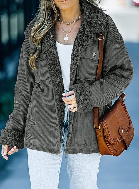 Corduroy Sherpa Jacket for Women Button Down Fleece Fur Collar Winter Warm Coat Fall Shacket Corduroy Sherpa Jacket, Corduroy Coat, Picture Style, Trim Jacket, Outwear Jackets, Sherpa Jacket, Warm Coat, Corduroy Jacket, Line Jackets