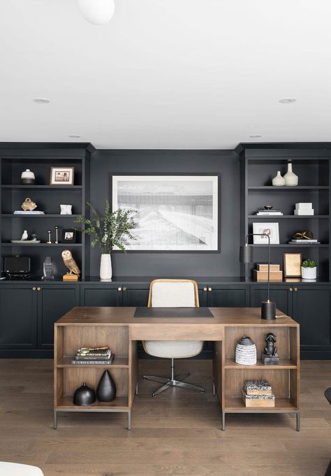 Posh Home Office, Home Office With Computer Monitor, Office Blueprints, Home Office Computer Setup, Masculine Office, Gamer Office, Black Home Office, Office Built Ins, Office Color