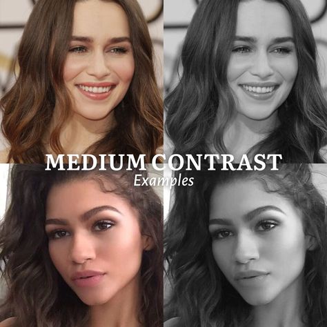 The contrast level theory refers to the difference between your eye, hair and skin tones. Sitting right in the middle of the other two levels, medium contrast means you have a slight difference between the value of your face, eyes, eyebrows, and hair. Depending on combination of features (hair, skin and eyes), people can be medium-low or medium-high contrast level. Contrast is part of colour analysis process. It’s a simple and useful tool when doing your makeup or putting outfit together.... Medium Contrast Hair, Medium Contrast Outfits, Medium Contrast Makeup, Colour Analysis, Seasonal Color Analysis, Color Analysis, High Contrast, Season Colors, Hair Skin