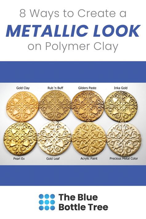 Polymer clay comes in a variety of colors and is used in so many ways, but sooner or later you’ll likely want to create a metallic appearance. Maybe you’ll want to make metallic accents on a sculpture. Or maybe instead you want to take some ideas from the world of precious metal clay and create some charms or a toggle or even a shawl pin. How would you create a metallic look on polymer clay? The Blue Bottle Tree | Ginger Davis Allman Metallic Polymer Clay, Nickel Free Gold Polymer Clay Jewelry, Gold Leaf On Polymer Clay, Painting Polymer Clay, Precious Metal Clay Tutorial, Polymer Clay Metal Effect, Hammered Texture Polymer Clay, Metal Clay Tutorial, Blue Bottle Tree