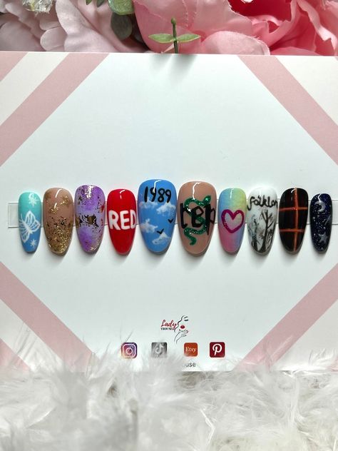 Taylor Swift Eras Tour Nails! Taylor Swift Nail Ideas Eras, Taylor Swift Nail Ideas Eras Tour, Taylor Swift Era Nails, Nail Art Taylor Swift, Ttpd Nails Taylor Swift, Taylor Swift Themed Nails, Ts Nails, Taylor Swift Nails Ideas, Taylor Swift Eras Nails