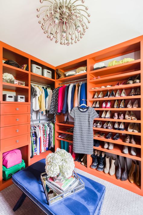 Colorful orange shoe closet: http://www.stylemepretty.com/living/2016/07/18/15-of-the-most-envy-inducing-shoe-closets/ Orange Closet, Contemporary Closet, Style Me Pretty Living, Orange Rooms, Dressing Room Closet, Walking Closet, Wallpaper Interior Design, Closet Colors, Interior Design Color