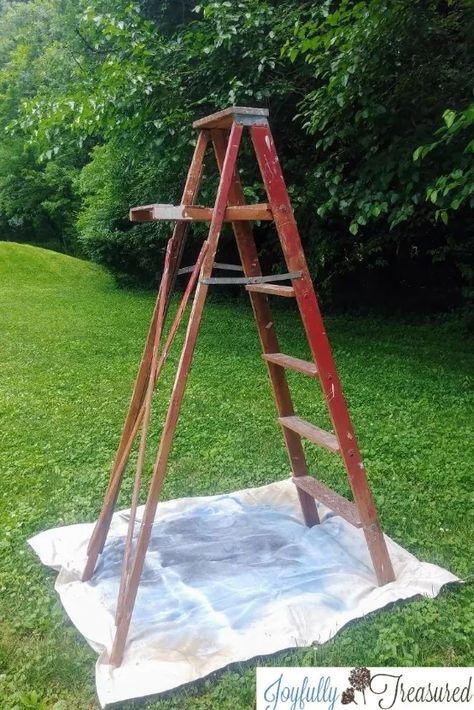 Old Wooden Ladder Shelf, Simple Upcycled Ladder Idea | Hometalk Old Wooden Ladder Ideas, Step Ladder Ideas, Wooden Ladder Ideas, Old Ladder Decor, Old Ladder Ideas, Diy Wooden Ladder, Upcycle Ladder, Wooden Ladder Decor, Old Wood Ladder