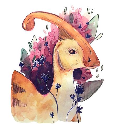 Cute Parasaurolophus Dinosaur Painting with Flowers and Leaves Watercolor Art Dinosaur, Dinosaur Cute Art, Cool Dinosaur Art, Cute Parasaurolophus, Parasaurolophus Drawing, Dinasour Painting, Dinosaur Painting Acrylic, Cute Dinosaur Painting, Parasaurolophus Art