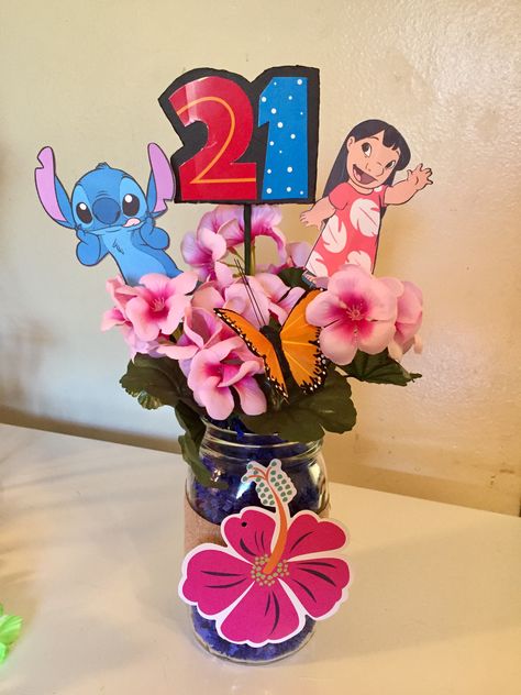 Luau/ Lilo and stitch party centerpiece Lilo And Stitch Party, Stitch Party, Stitch Birthday, Moana Birthday Party, Hawaiian Birthday Party, Hawaiian Birthday, Birthday Party Centerpieces, Party Centerpiece, Lilo E Stitch