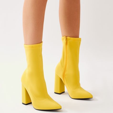 Boss Sock Fit Ankle Boots in Yellow Yellow Ankle Boots, Sock Ankle Boots, Fairy Shoes, Trending Heels, Heels Aesthetic, Dr Shoes, Yellow Boots, Yellow Heels, Sock Boots