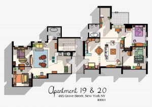 Apartment Blueprints, Retro Apartment, Friends Apartment, Apartment Painting, Apartment Floor Plan, Friends Tv Series, Floor Plan Drawing, Sims 4 House Design, Friends Series