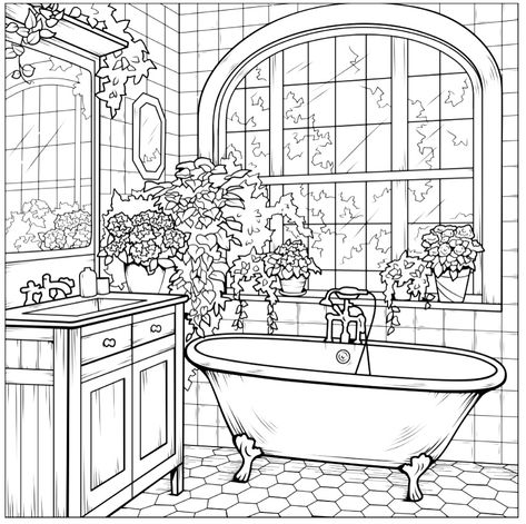 Bathroom Coloring Pages, Motivational Quotes Wallpaper, Paper Doll House, Coloring Pages Inspirational, Interior Design Sketches, Drawing Templates, Adult Colouring Pages, Mini Drawings, Antique Decor