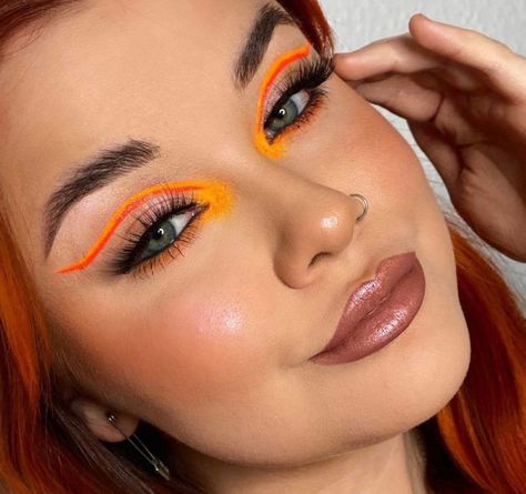 Neon Eyeliner is the Perfect Way to Accent Your Eyes & Channel Your Vibrant Energy This Summer Maybelline Sky High Mascara, Neon Eyeliner, Festival Eye Makeup, Music Festival Makeup, Rave Ideas, Orange Makeup, Makeup Face Charts, Rave Makeup, Graphic Eyeliner